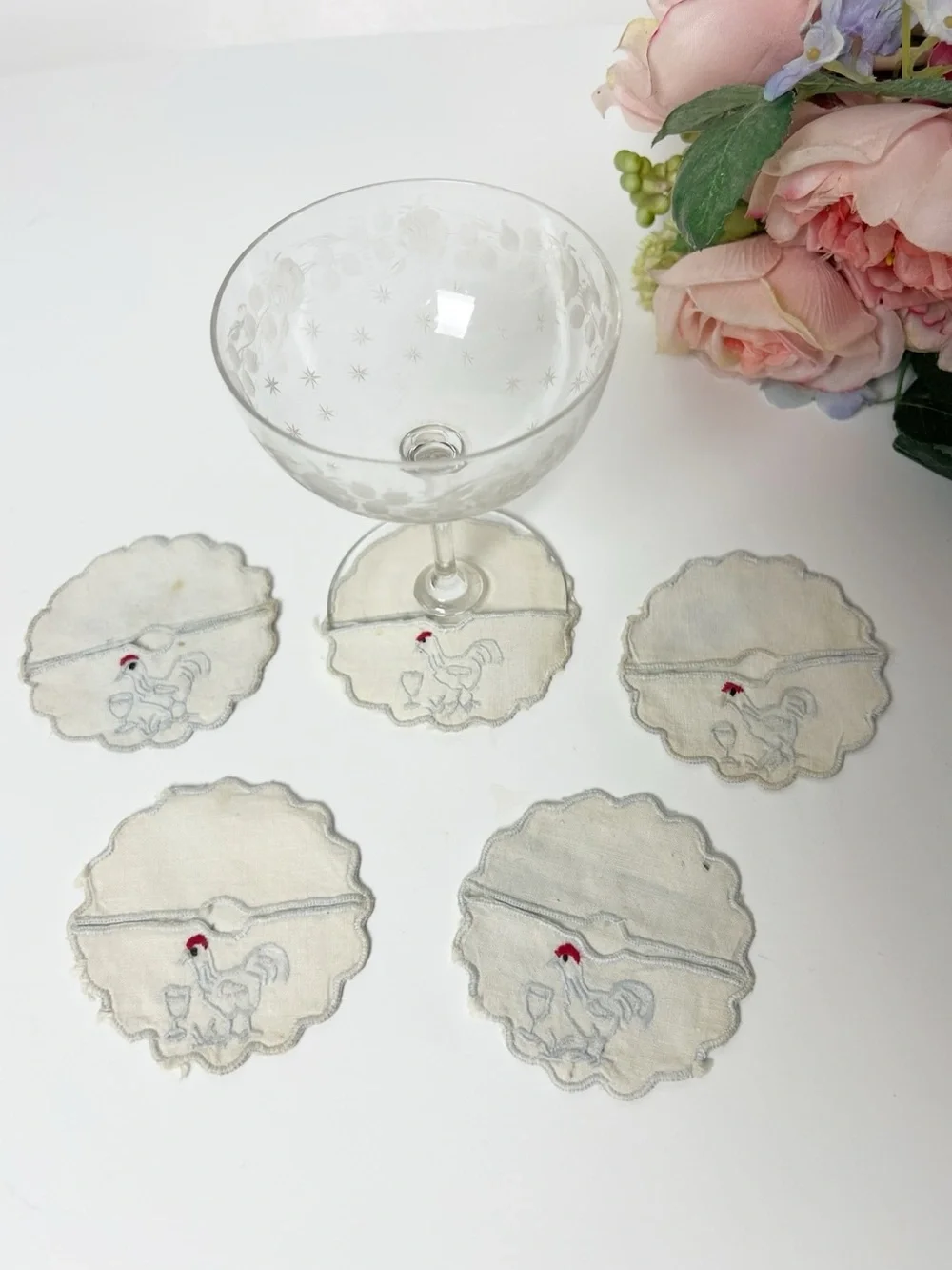 1940s-50s Vintage Rooster Wine Coasters - Wine Slippers - Set of 5